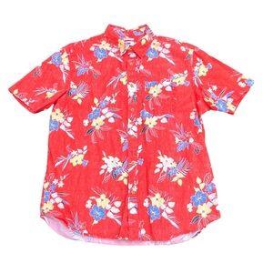 Old Navy Men’s Orange Floral XL Casual Hawaiian Shirt Slim Fit Button Down